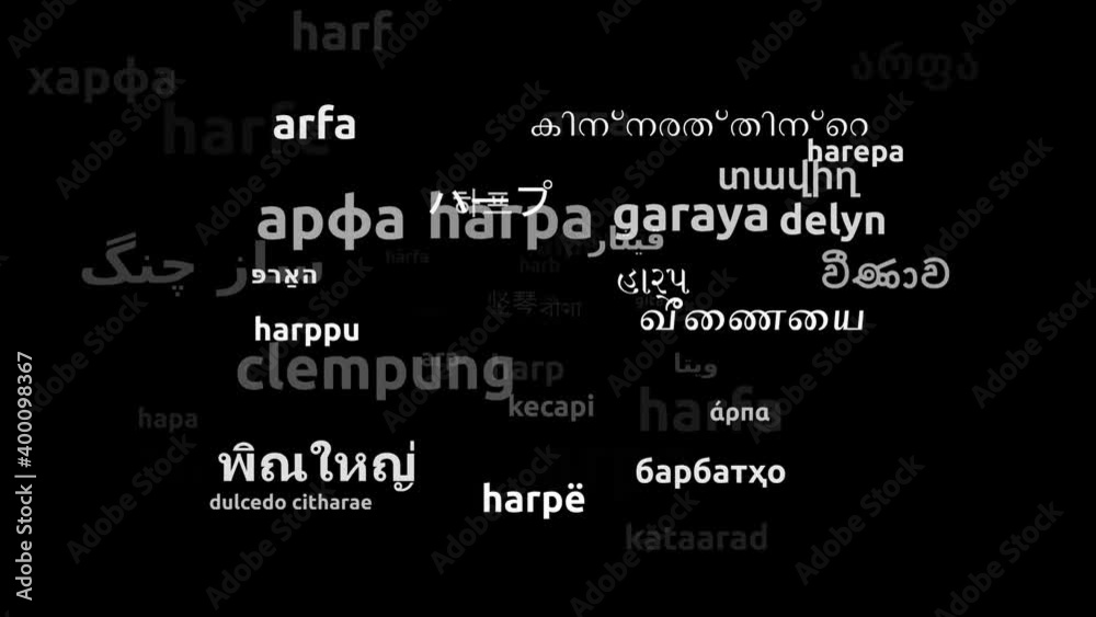 Harp Translated in 55 Worldwide Languages Endless Looping 3d Zooming Wordcloud Mask Harp Translated in 55 Worldwide Languages Endless Looping 3d Zooming Wordcloud Mask