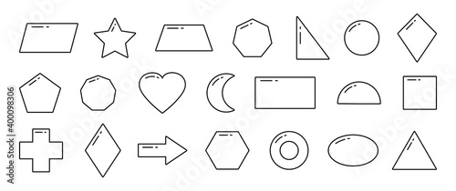 Geometric shapes kids, simple line vector icons, basic objects isolated on white background. Children game illustration