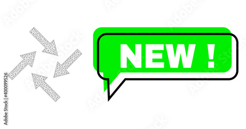 Shifted New! green text speech shape and centripetal arrows wireframe model. Vector 2d centripetal arrows, designed with triangles. Green conversation has New! text inside black frame, and color area.