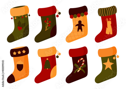Flat Christmas socks set. Santa boots with fir-tree, star. Traditional retro Xmas stocking for gifts. Accessories for winter presents. Home decoration on New Year Isolated on white vector illustration