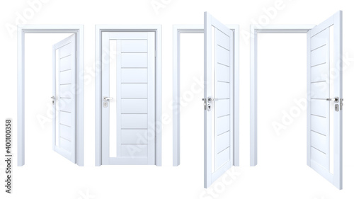 Fototapeta Naklejka Na Ścianę i Meble -  Set of 3D modern realistic doors with vertical glass stripe and horizontal wooden planks. Contemporary style wood and plastic entrances isolated on white background