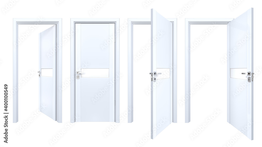 Wooden set of laminated plastic doors with matt glass stripe, isolated on white. Simple modern style of indoor wood entrance for minimalist style interior design Wooden set of laminated plastic doors with matt glass stripe, isolated on white. Simple modern style of indoor wood entrance for minimalist style interior design