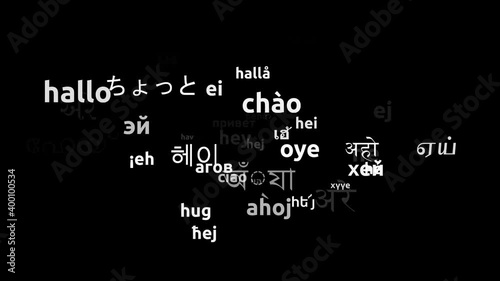 Hey Translated in 43 Worldwide Languages Endless Looping 3d Zooming Wordcloud Mask