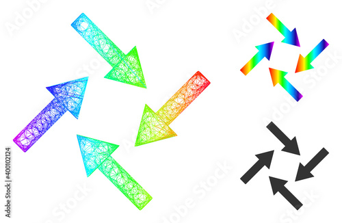 Spectral vibrant wire frame centripetal arrows, and solid spectral gradient centripetal arrows icon. Crossed frame flat network abstract image based on centripetal arrows icon,