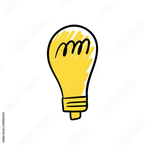 Doodle light bulb. Electric lamp hand drawn illustration. Yellow lightbulb vector sketch. Symbol of idea and solution.