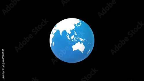 Blue Flat design spinning Earth isolated on Black Background. Animation of planet Earth. looping with animated texture