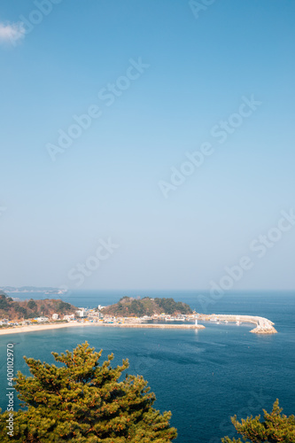Jukdo beach panorama view from Jukdo mountain observatory in Yangyang, Korea photo