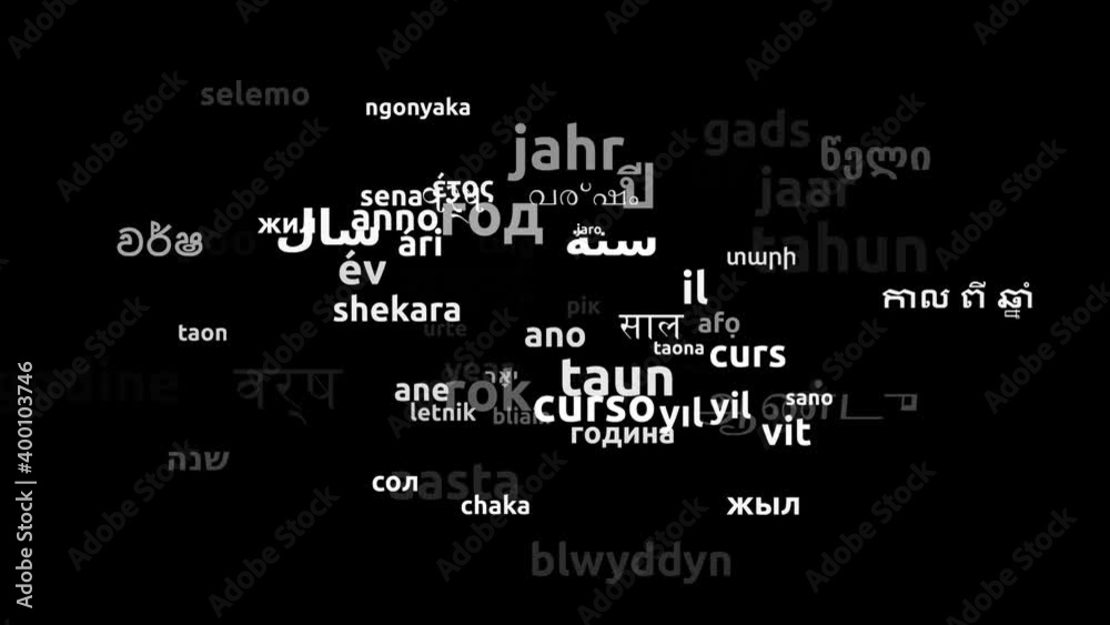 Year Translated in 68 Worldwide Languages Endless Looping 3d Zooming Wordcloud Mask