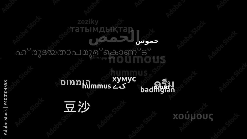 Hummus Translated in 19 Worldwide Languages Endless Looping 3d Zooming Wordcloud Mask