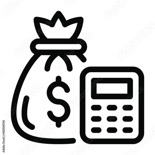 
Calculator with money bag showing accounting in linear icon, 
