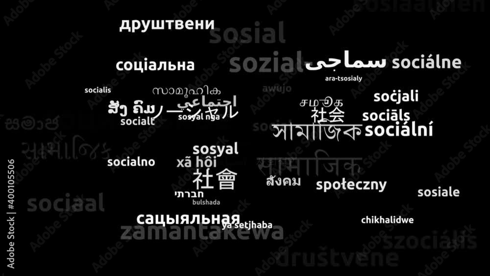 Social Translated in 55 Worldwide Languages Endless Looping 3d Zooming Wordcloud Mask