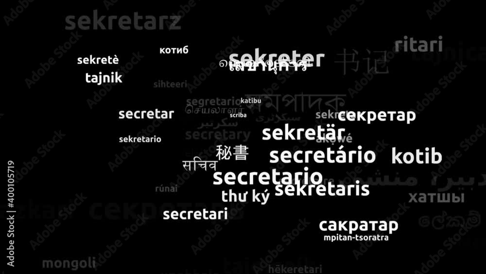 Secretary Translated in 55 Worldwide Languages Endless Looping 3d Zooming Wordcloud Mask