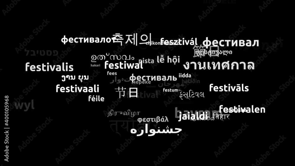 Festival Translated in 55 Worldwide Languages Endless Looping 3d Zooming Wordcloud Mask Festival Translated in 55 Worldwide Languages Endless Looping 3d Zooming Wordcloud Mask