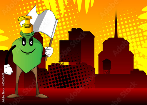 Cartoon bottle of hand sanitizer gel for hygiene with face holds white flag of surrender.