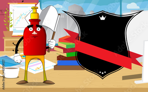 Cartoon bottle of hand sanitizer gel for hygiene with face holds white flag of surrender.