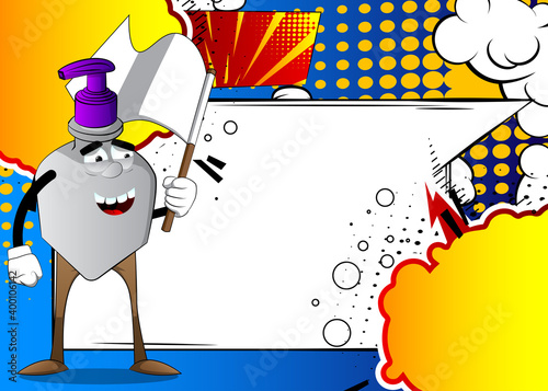 Cartoon bottle of hand sanitizer gel for hygiene with face holds white flag of surrender.