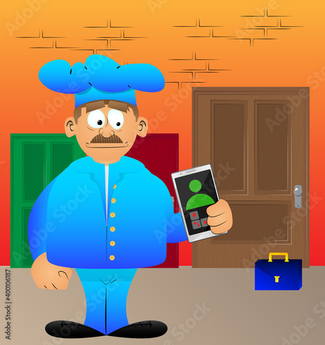 Fat male cartoon chef in uniform holding cell phone in hand. Vector illustration.