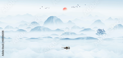 Fototapeta Naklejka Na Ścianę i Meble -  Abstract golden line Chinese style landscape painting