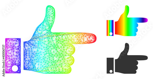 Rainbow colorful wire frame hand pointer right, and solid rainbow gradient hand pointer right icon. Wire frame 2D net abstract image based on hand pointer right icon, made from crossed lines.