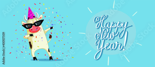 Funny Party Ox Celebrating New Year Vector Cartoon