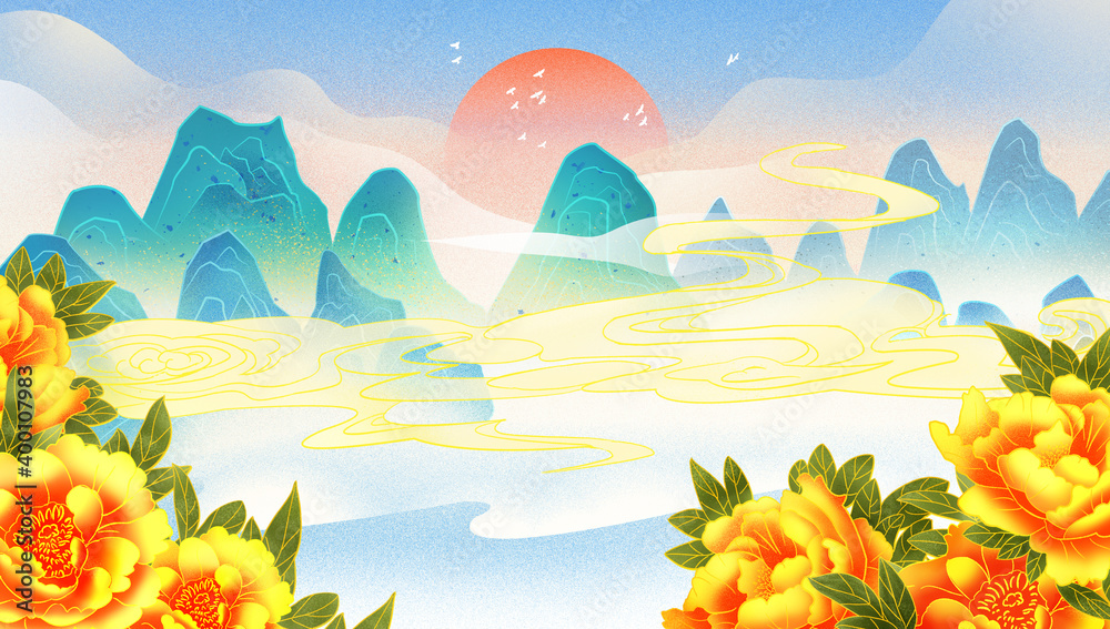 Guochaofeng peony green mountains and waters landscape illustration