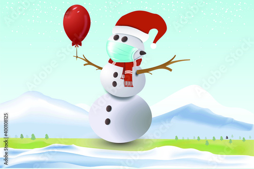 Snowman wearing a medical mask standing holding a red balloon with snow mountain and snowflake background. Celebrating Christmas and the virus outbreak
