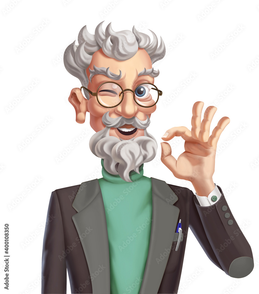 High quality freehand illustration of classroom teacher. Illustration of elderly Caucasian with glasses  and suit, showing OK sign.