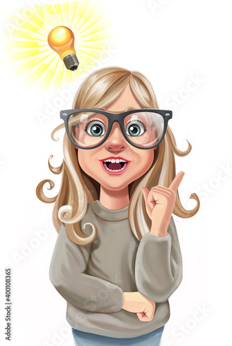 High quality freehand illustration of girl with an idea. Smart school girl with big glasses holding finger up. photo