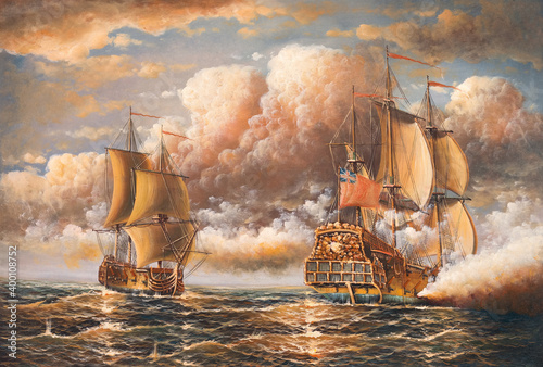 Fight of two military sailing ships at sea. Old oil painting photo