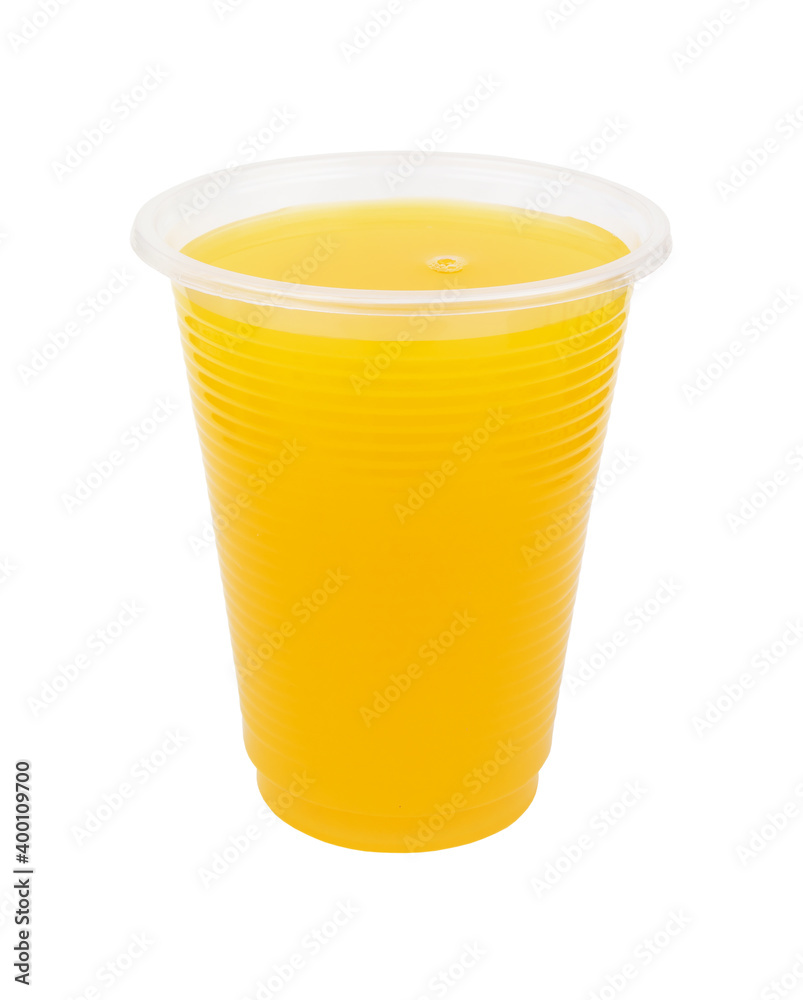 Orange juice in plastic cup isolated on white background Stock Photo