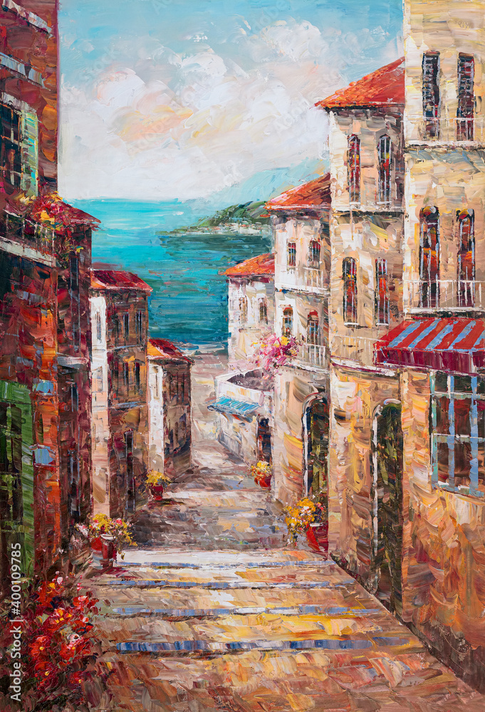 Summer old narrow streets of the coastal town. Oil painting