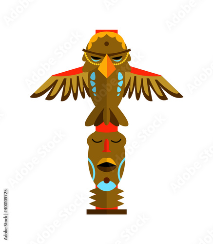 Traditional totem pole tiki mask, eagle on white background