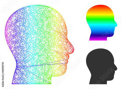 Rainbow vibrant net head profile, and solid rainbow gradient head profile icon. Crossed frame 2D net geometric image based on head profile icon, is generated with crossed lines.