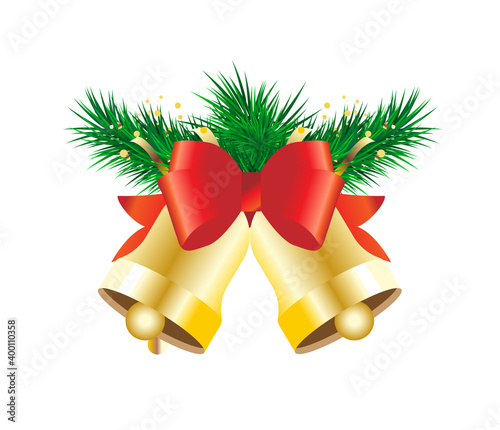 Golden bell with red bow and pine branch garland on white