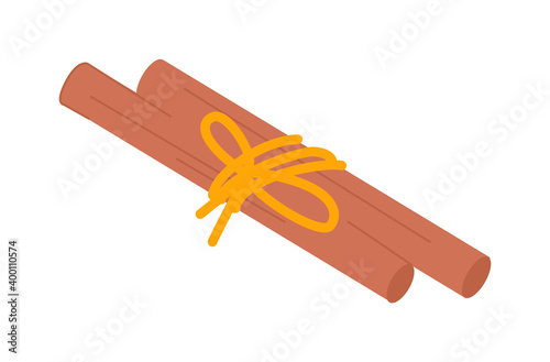 Cinnamon stick bunch tied with rope on white background