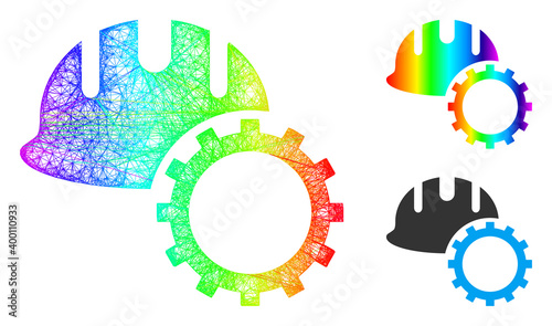 Spectrum colorful network development hardhat, and solid spectrum gradient development hardhat icon. Crossed carcass 2D network geometric image based on development hardhat icon,