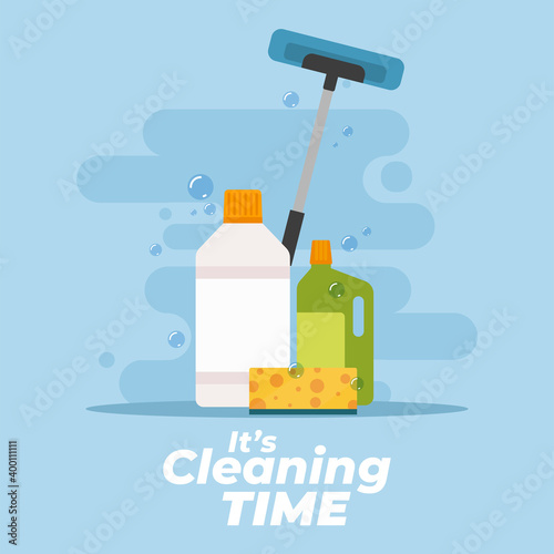 Bottles clenaing products cleaning time blue background- Vector photo