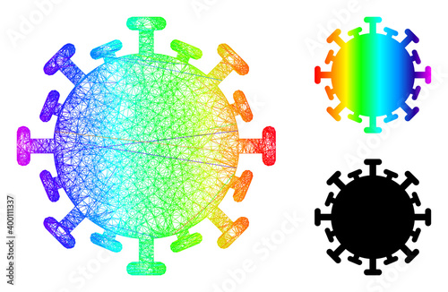 Spectral colored network contagious virus, and solid spectral gradient contagious virus icon. Crossed carcass 2D net geometric image based on contagious virus icon, is made with crossed lines.