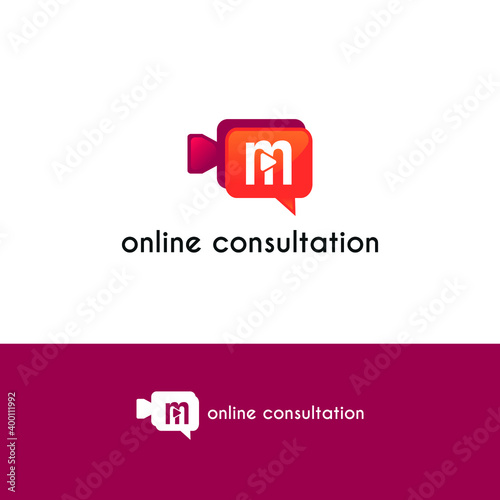 Initial letter m with video call camera chatting icon for online meeting logo concept