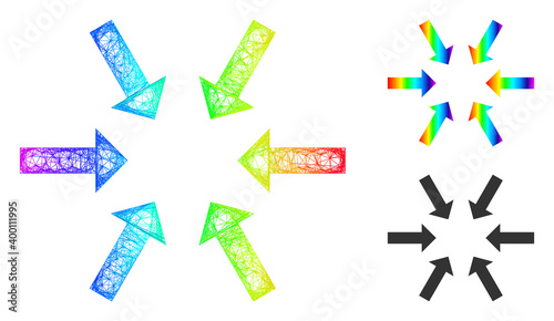 Rainbow colorful wire frame compact arrows, and solid rainbow gradient compact arrows icon. Crossed frame 2D net geometric symbol based on compact arrows icon, made with crossing lines.