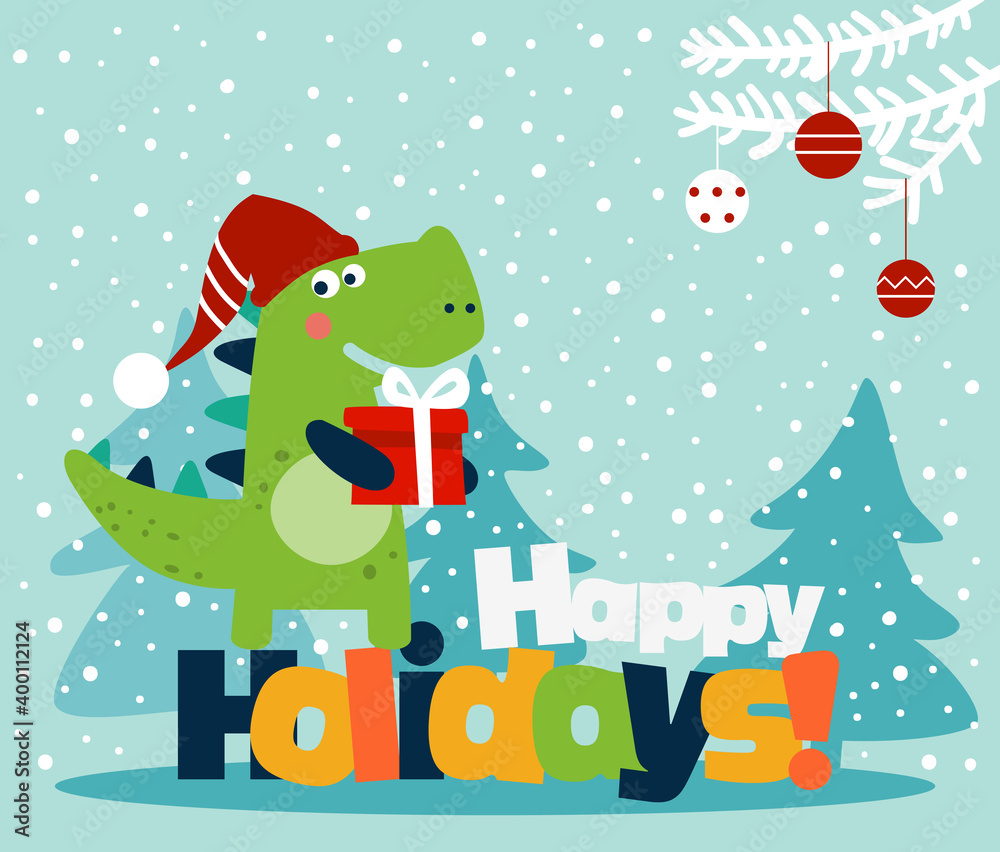 Naklejka premium Cute winter holiday illustration with funny dinosaur. Christmas and Happy Holidays vector card 