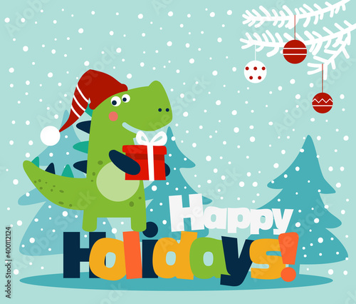 Cute winter holiday illustration with funny dinosaur. Christmas and Happy Holidays vector card 