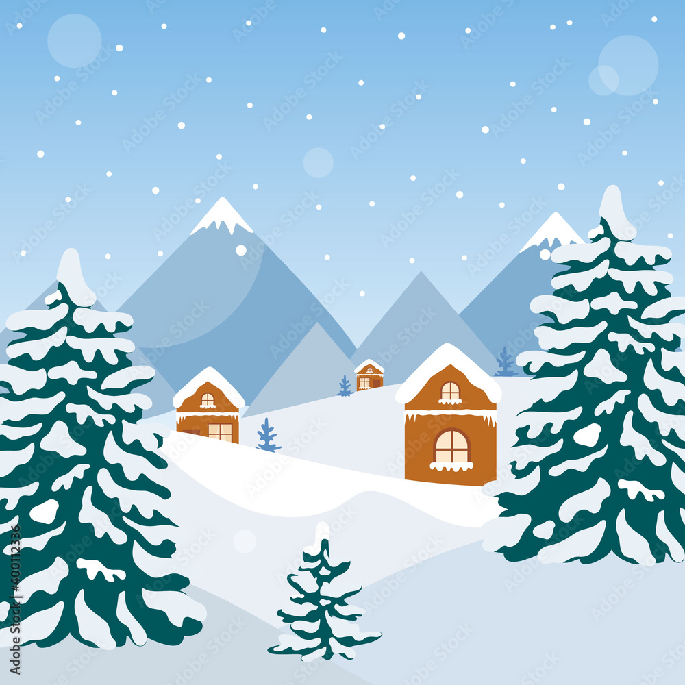 Greeting card for new year and Christmas. Winter landscape with mountains and fir trees. Vector illustration for printing on a poster.