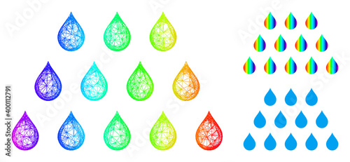Spectral colored network drops, and solid rainbow gradient drops icon. Crossed carcass 2D network geometric symbol based on drops icon, is made from crossed lines.