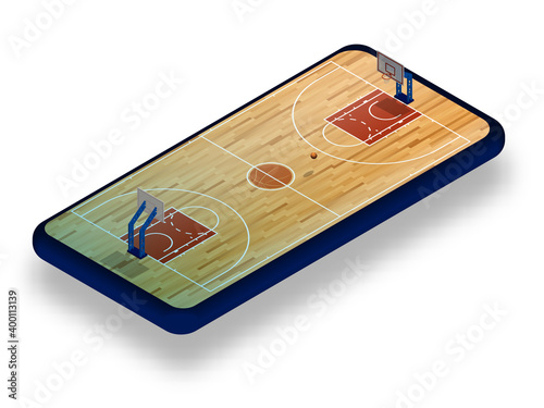 sports basketball court with backboard, hoop and ball on smartphone screen. Online games, modern technologies in sports and entertainment industry. Ismetric vector