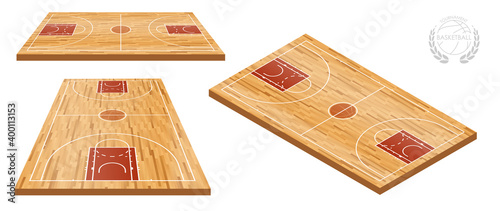 basketball court in isometric with wooden parquet flooring and markings lines. Outline basketball playground top view. Sports ground for active recreation. Vector