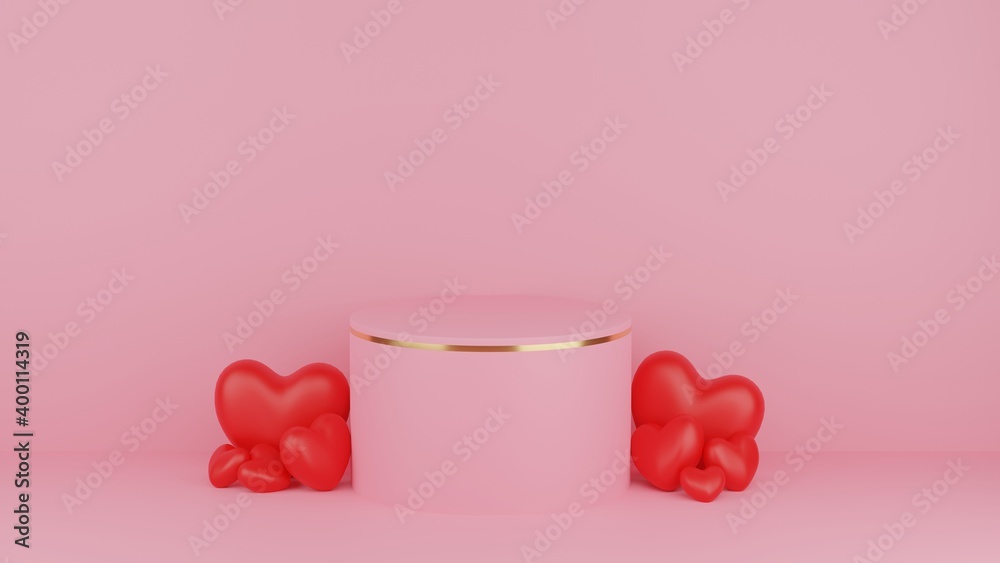 Circle podium pink pastel color with gold edge and red heart. Valentine's day concept. Product presentation minimal. Empty geometric shape. Mock-up showcase for product. 3D Rendering illustration Circle podium pink pastel color with gold edge and red heart. Valentine's day concept. Product presentation minimal. Empty geometric shape. Mock-up showcase for product. 3D Rendering illustration