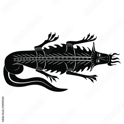 Funny medieval dragon spitting fire. Gothic illuminated manuscript decor. Fantastic monster animal. Black and white silhouette.