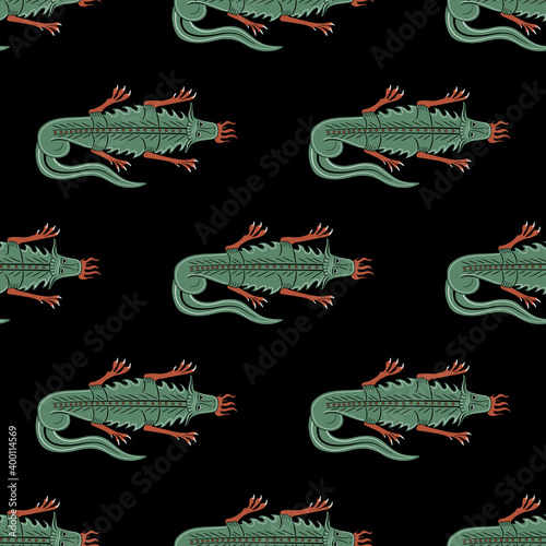 Seamless geometrical pattern with fantastic dragons. Medieval illuminated manuscript motif. Fantastic monster animals.