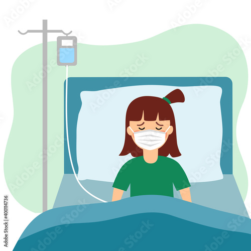 A sick girl wearing medical mask in medical bed on a drip. Kids patient is in hospital concept vector illustration on white background.	